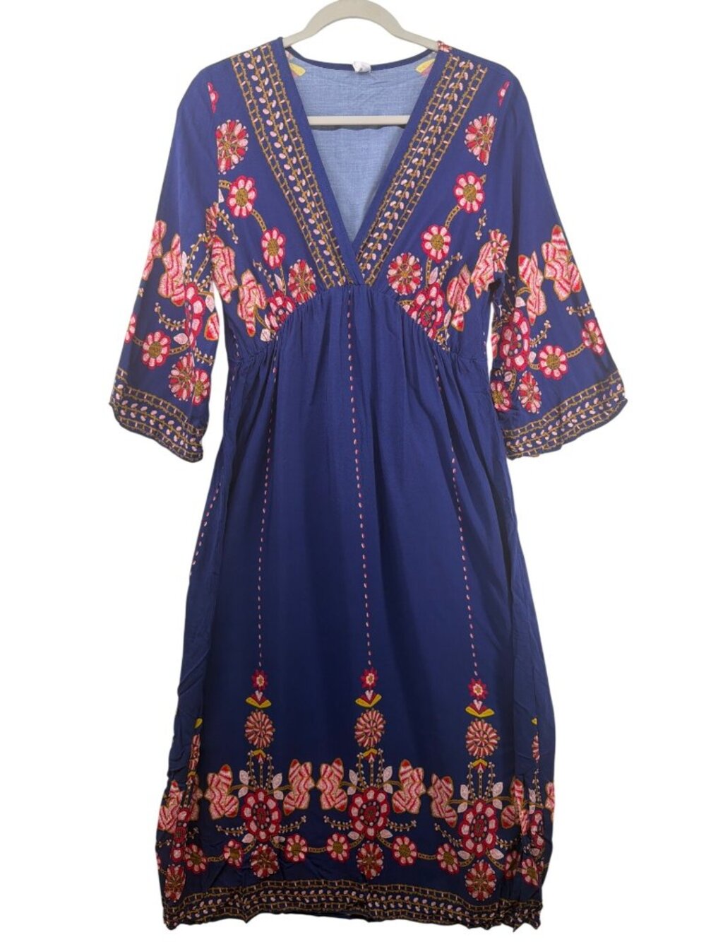 Cobalt Blue Maxi Dress Sz L Boho Floral Lghtwt 3/4-Slv Deep-V Neck Resort Cruise